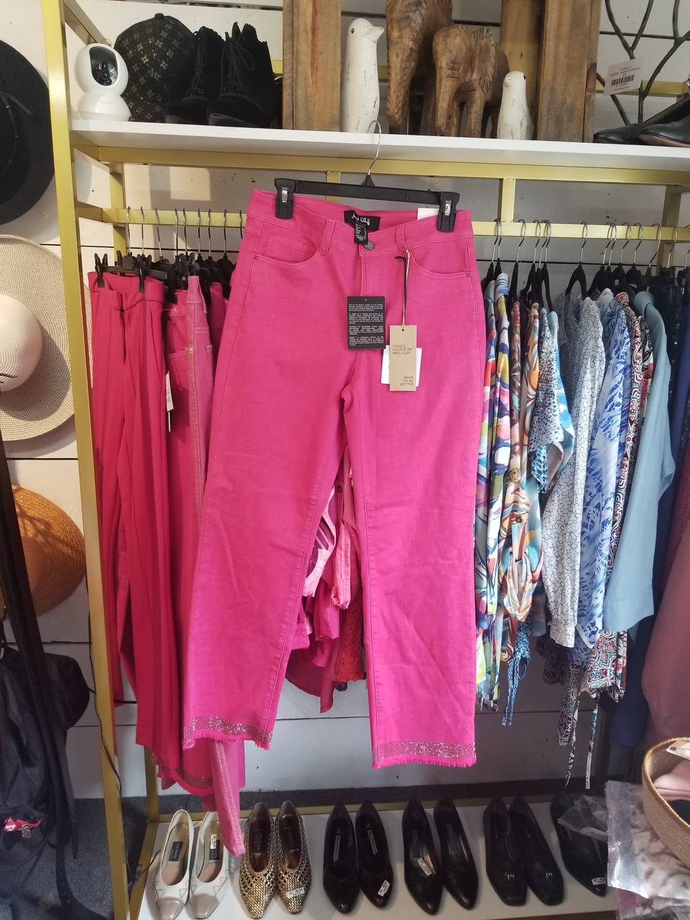 Joseph Ribkoff Bright Pink Cropped Jeans with Embellished Hem